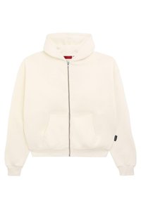 Weiße Zip-Hoodie mit einem Kängurutasche, langen Ärmeln, gerippten Bündchen und einer Kapuze mit Kordelzug. Weicher Stoff und minimalistisches Design.