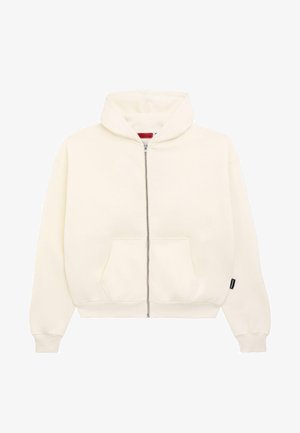 Balts rāvējslēdzēja džemperis ar kangaroo kabatu, garām piedurknēm, ribotām aprocēm un regulējamu kapuci. Mīksta tekstūra un minimālistisks dizains.