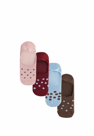 Štyri páry nízkych ponožiek v ružovej, burgundskej, svetlomodrej a hnedej farbe, každé s bodkovaným vzorom na časti pri prstoch.