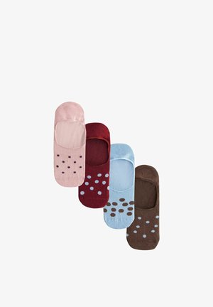 Patru perechi de șosete invizibile în roz, burgund, albastru deschis și maro, fiecare cu modele cu buline pe partea de la degetele picioarelor.