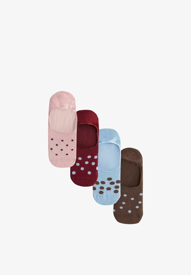 Négy pár titokzokni rózsaszín, bordó, világoskék és barna színekben, mindegyiken pöttyös mintázat a lábujjrészén.