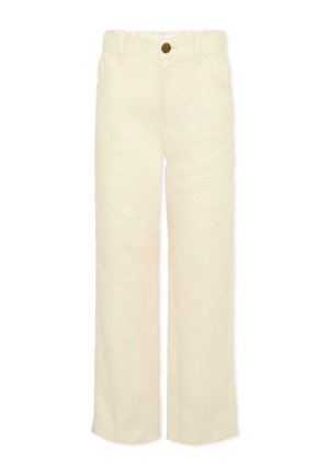 Pantalon beige taille haute à jambes droites avec poches avant et fermeture visible par bouton à la taille.