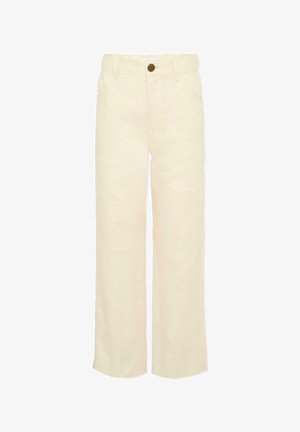 Pantaloni beige a vita alta con gamba dritta, tasche frontali e chiusura con bottone visibile in vita.