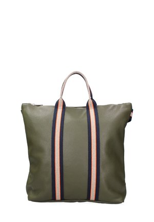 Borsa in pelle verde oliva con due manici a strisce navy e arancioni; forma rettangolare, superficie texture, chiusura centrale con zip.
