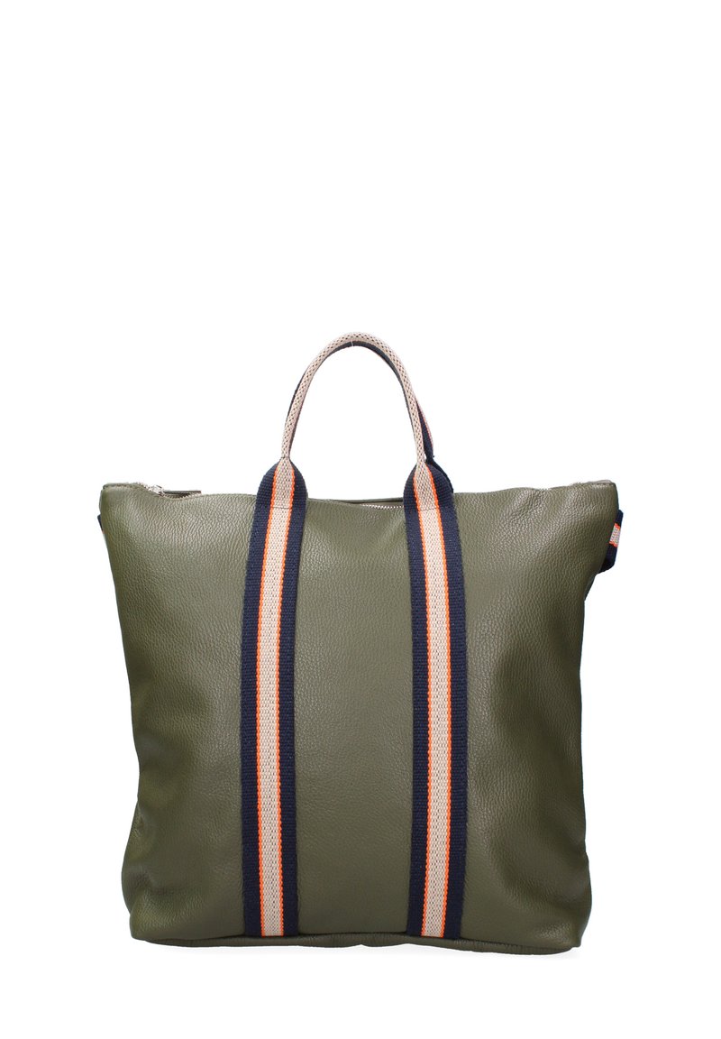 Borsa in pelle verde oliva con due manici a strisce navy e arancioni; forma rettangolare, superficie texture, chiusura centrale con zip.