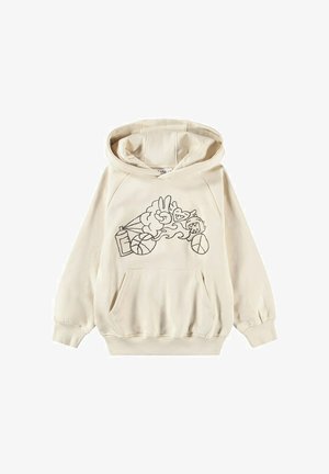 Felpa beige con cappuccio, tasca frontale a marsupio e disegni in linea nera raffiguranti il segno della pace, una bomboletta spray, un pallone da basket, fiamme e volti astratti.