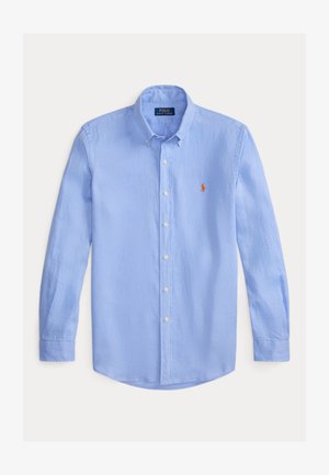 Camicia azzurro chiaro con bottoni, realizzata in tessuto strutturato. Caratterizzata da colletto a punta, maniche lunghe e un logo arancione ricamato sul petto.