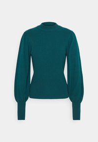 Pull en tricot en teal, avec un col montant, un buste ajusté et des manches volumineuses à fronces. Texture côtelée sur l'ensemble.