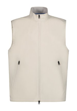 Beżowa kamizelka bez rękawów z wysokim kołnierzem, zamkiem błyskawicznym z przodu i dwoma kieszeniami na zamek po każdej stronie.