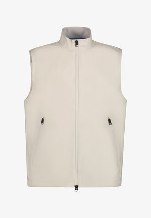Beige ärmellose Weste mit hohem Kragen, Frontreißverschluss und zwei Reißverschlusstaschen auf jeder Seite.