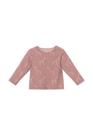Long-sleeve dusty pink baby shirt with subtle giraffe patterns and two snap buttons on the left shoulder.