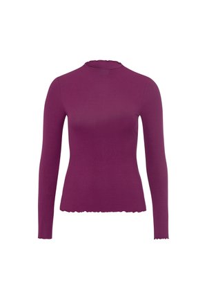 Maglia a maniche lunghe a collo alto in raso profondo. Presenta un collo e un orlo con un motivo a onde, realizzata in un tessuto elasticizzato per un look aderente.