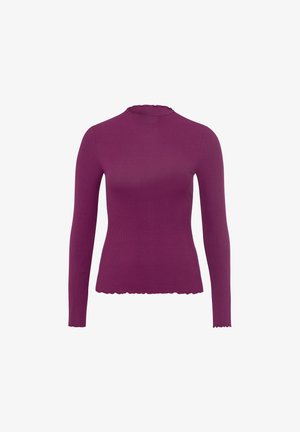 Długorękawowy, żebrowany top z golfem w głębokim purpurze. Posiada falbaniasty dekolt i dolny brzeg, wykonany z elastycznego materiału, co zapewnia dopasowany wygląd.