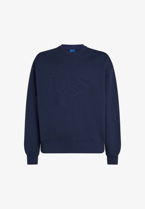 Granatowy sweatshirt z okrągłym dekoltem, z wytłoczonym logo z przodu. Żebrowane mankiety i dół zapewniają dopasowany krój. Miękka tekstura.