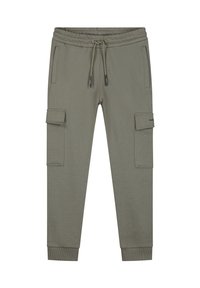 Olijfgroene joggers van zacht materiaal, met een elastische tailleband, twee zijzakken en twee cargostijl zakken op de benen.