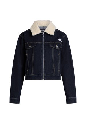 Cropped denim jacket in dark blue with a cream faux fur collar, featuring front pockets and silver hardware accents.