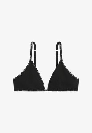 Bralette triangle noir en tissu doux, avec des bretelles ajustables et une bandellette élastique comportant un logo imprimé sur les bords.