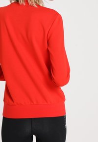 Felpa rossa con scollatura rotonda, polsini e orlo a costine. Realizzata in un tessuto liscio, la parte posteriore è semplice senza loghi o motivi visibili.
