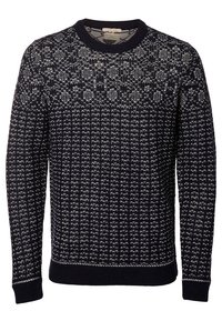 Pull en tricot bleu marine avec des motifs blancs complexes, doté d'un col rond et de poignets et ourlet côtelés. Tissu texturé pour plus de chaleur.