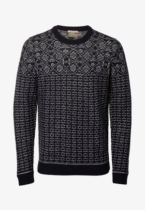 Maglione lavorato a maglia color blu navy con intricati motivi bianchi, caratterizzato da collo rotondo e polsini e orlo a coste. Tessuto strutturato per calore.