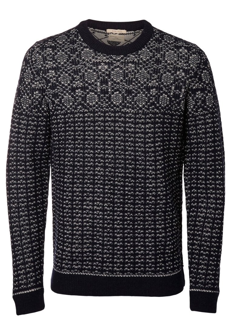 Pull en tricot bleu marine avec des motifs blancs complexes, doté d'un col rond et de poignets et ourlet côtelés. Tissu texturé pour plus de chaleur.