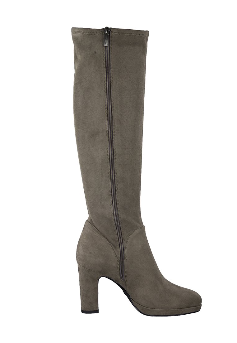 Bottes grises en suédine montantes jusqu'aux genoux, avec une fermeture éclair sur le côté, un bout carré et un talon bloc haut. Texture lisse avec un minimum de détails.