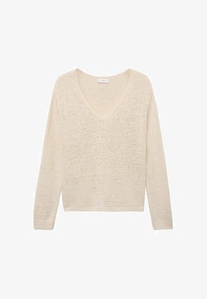Bež pleteni pulover s V izrezom, dugim rukavima i slobodnim krojem. Teksturirana tkanina s otvorenim pletenim uzorkom.
