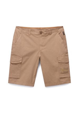 Beige Cargo-Shorts aus leichtem Material. Mit zwei Seitentaschen, einer Cargotasche, Knopfverschluss und dezentem Logo-Akzent.