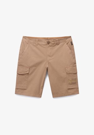 Beige Cargo-Shorts aus leichtem Material. Mit zwei Seitentaschen, einer Cargotasche, Knopfverschluss und dezentem Logo-Akzent.