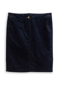 Marineblaue Cord-Rock mit fünf Taschen, goldener Knopfverschlüsse und geradem Schnitt. Glatte Textur und knielanger Schnitt.