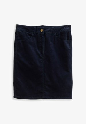 Marineblauwe corduroy rok met vijf zakken, gouden knoopsluiting en recht gesneden ontwerp. Gladde textuur en knielange pasvorm.