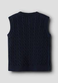 Suéter sin mangas de punto color azul marino con un patrón de trenzas texturizadas, cuello redondo y bordes acanalados.