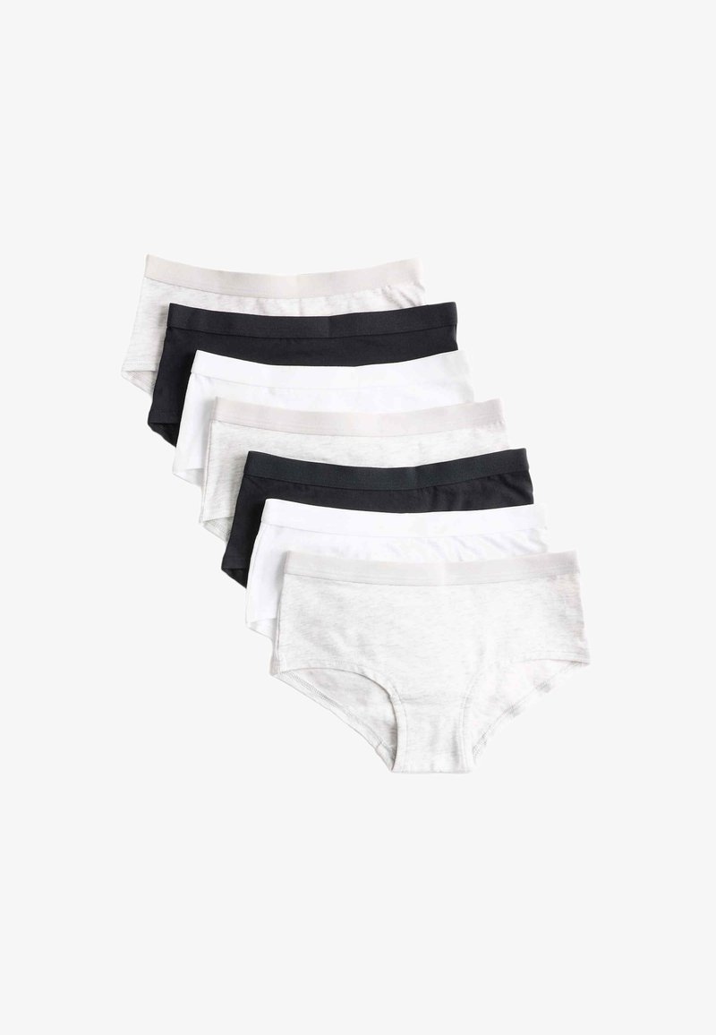 Set of seven pairs of women's cotton briefs in gray, white, and black. Features elastic waistbands and a smooth texture.