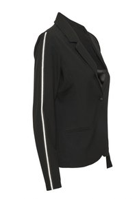 Blazer noir à coupe ajustée, fermeture à un bouton et détails de bandes argentées sur les manches. Comprend un col cranté et des poches latérales.