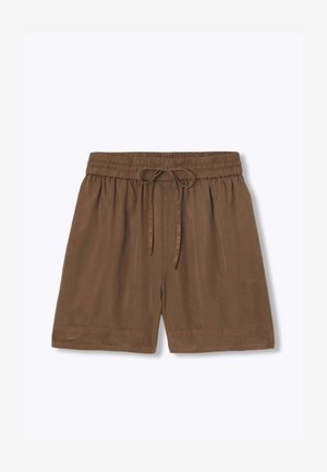 Short marron à taille élastique avec cordon de serrage, coupe ample et ourlet aux genoux sur un fond uni clair.