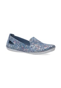 Světle modrá slip-on obuv s vícebarevnými květinovými vzory, perforovaným designem, bílou podrážkou s texturovanými akcenty a prošívanými detaily.