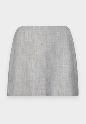 Grauer Rock aus einem glatten, strukturierten Stoff, mit geradem Schnitt und ohne sichtbare Verzierungen. Einfaches, minimalistisches Design.