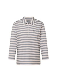 Striped pullover top in gray and white, featuring a collar, half-zip front, and a small chest pocket with decorative accents.