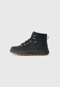 Black high-top boot with a textured upper, metal eyelets, and a rubber sole. Features a fleece lining and a pull tab at the back.