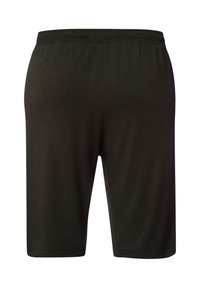 Zwarte sportshorts gemaakt van lichtgewicht stof met een elastische tailleband, knielange snit en een gladde textuur. Geen zichtbare zakken of patronen.