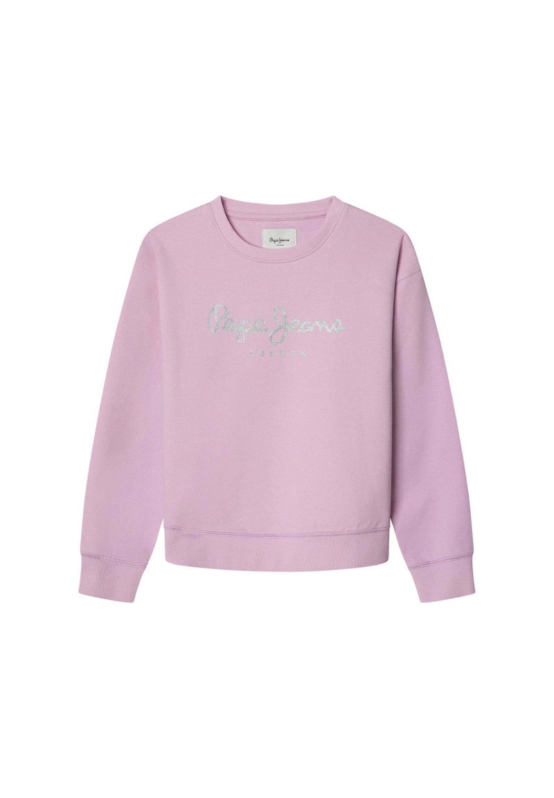 Fialová mikina s rebrovanými manžetami a dolným okrajom, na prednej strane so žiarivým logom "Pepe Jeans London". Mäkký bavlnený materiál.