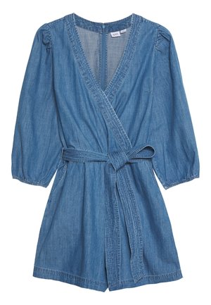 Robe portefeuille en denim avec manches longues bouffantes, taille cintrée et décolleté en V profond. Caractérisée par une texture douce et légère et une ceinture à nouer.