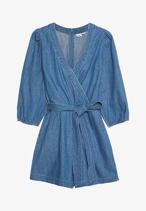 Jeans-Mantelkleid mit langen Puffärmeln, tailliertem Schnitt und tiefem V-Ausschnitt. Verfügt über eine weiche, leichte Textur und einen Bindegürtel.