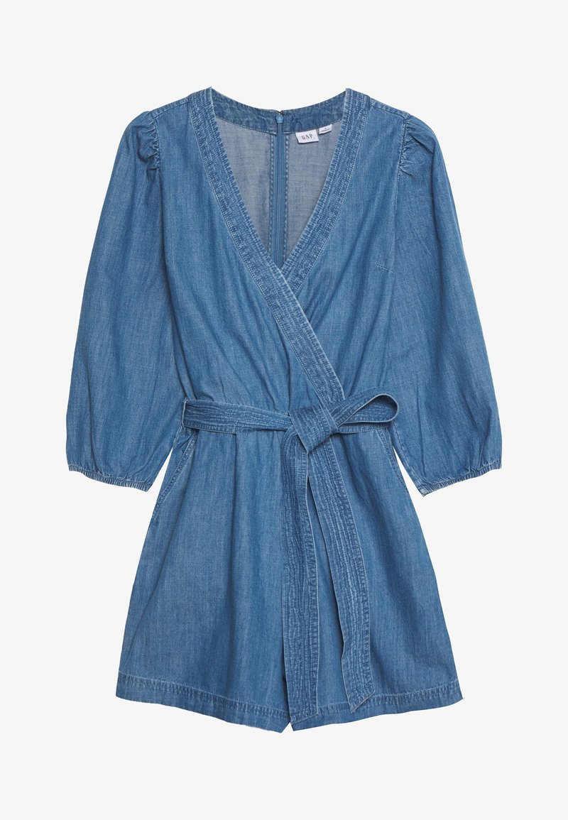 Robe portefeuille en denim avec manches longues bouffantes, taille cintrée et décolleté en V profond. Caractérisée par une texture douce et légère et une ceinture à nouer.