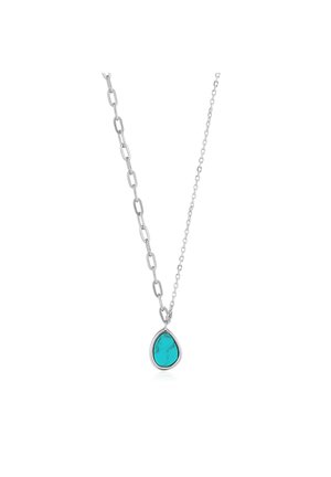 Silver chain necklace featuring a teardrop turquoise pendant set in a polished frame, with an elongated link design.
