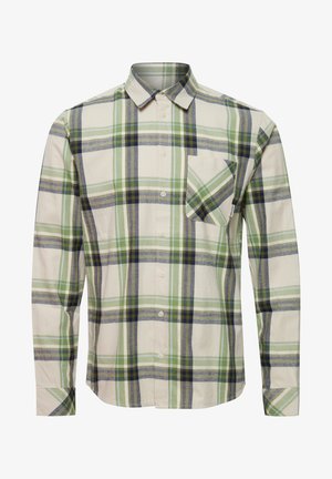 Vīriešu garajām piedurknēm krekls baltā krāsā ar zaļu un zilu plānu rakstu. Ar krūšu kabatu un pogājamu apkakli. Kokvilnas materiāls.