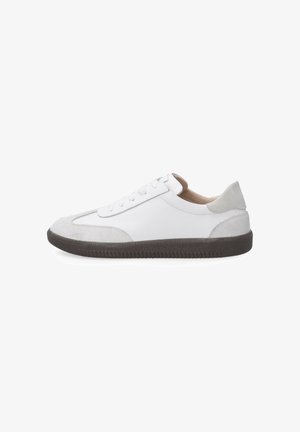 White leather sneaker with gray suede accents, flat laces, round toe, and textured rubber sole in dark color, featuring a clean design.