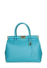 Turquoise leren handtas met een gestructureerde vorm, gouden hardware, twee handvatten en een slot detail. Gladde textuur met minimale accenten.