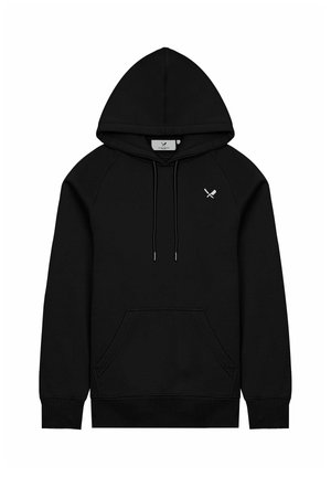 Čierna mikina s kapucňou, predným vreckom, šnúrkami a raglánovými rukávmi. Na hrudi je vyšitý emblem. Vyrobená z jemnej tkaniny.