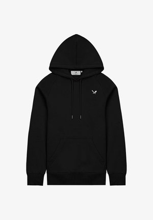 Zwarte hoodie met een voorzak, trekkoord bij de capuchon en raglanmouwen. Een embleem is op de borst geborduurd. Gemaakt van zachte stof.